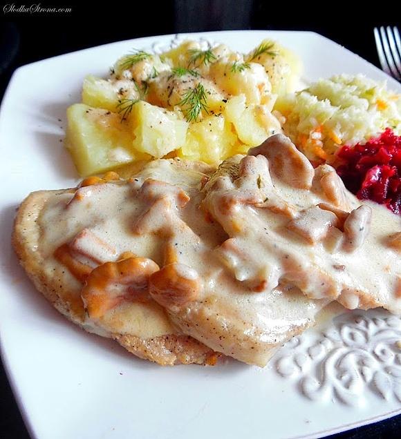 Schab w sosie śmietanowo-kurkowym z kurkami