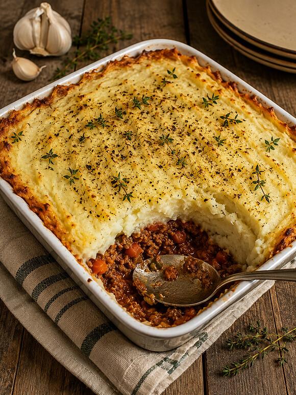 Zapiekanka pasterska z czosnkowym puree i tymiankiem