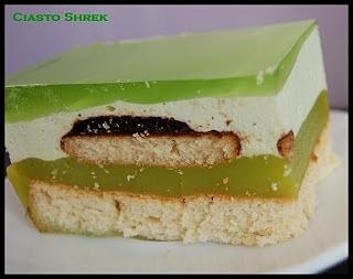 Ciasto Shrek kolorowe dla dzieci z zieloną galaretką i dekoracją