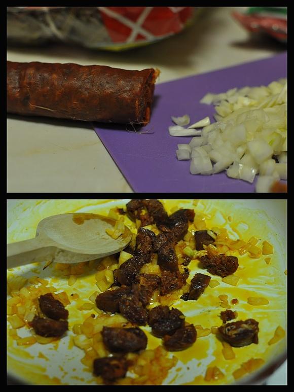 Szpinakowy makaron z chorizo i ricottą
