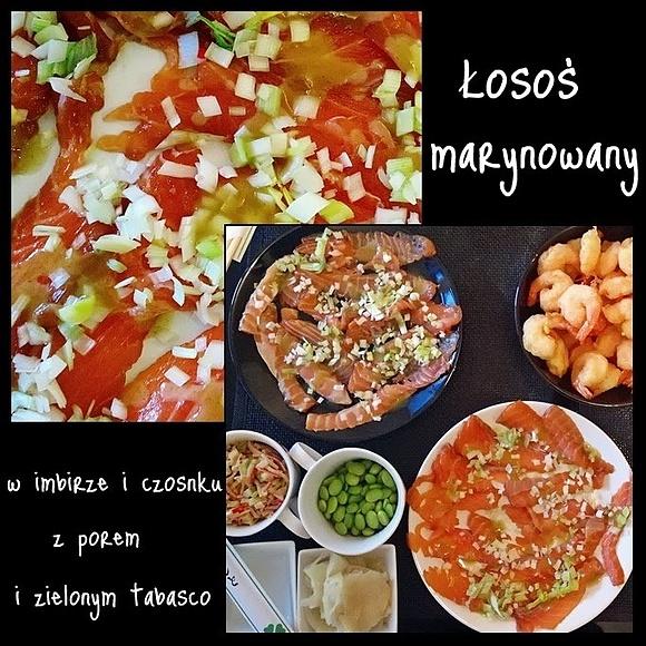 Łosoś marynowany w imbiorze i czosnku z porem i zielonym Tabasco
