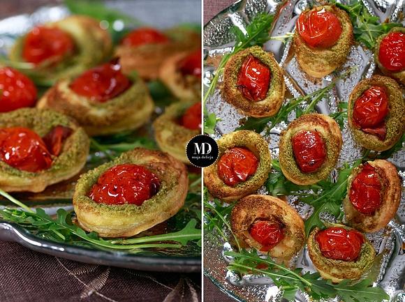 Kanapeczki z ciasta francuskiego z bazyliowym pesto i pomidorkami