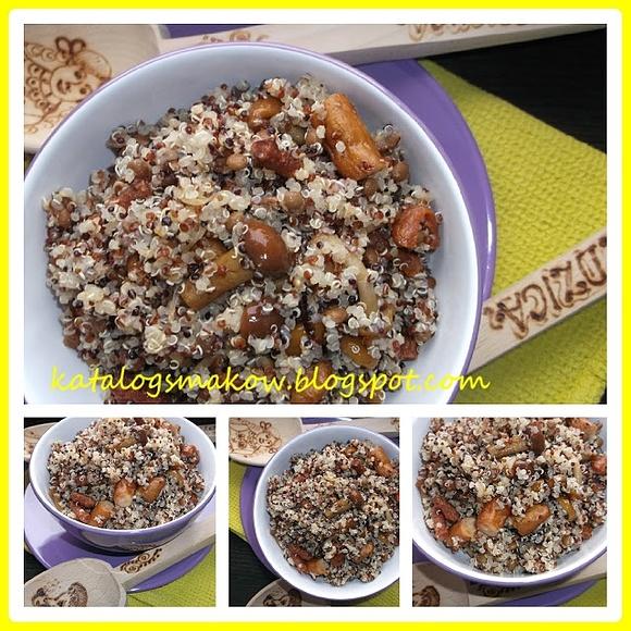 Quinoa z kabanosem i marynowanymi grzybami nameko