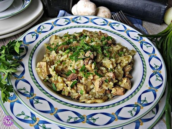 Risotto z grillowaną karkówką i pieczarkami