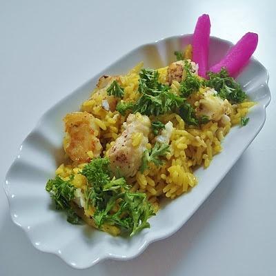 Halibut z ryżem i fenkułem