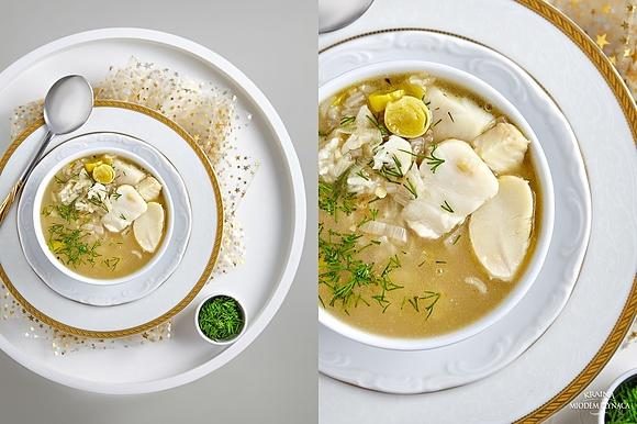 Zupa z dorszem, ryżem i duszonym porem