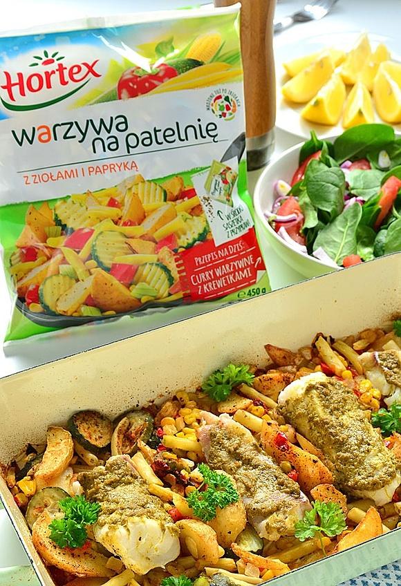 Ryba z pesto zapiekana na chrupiących warzywach