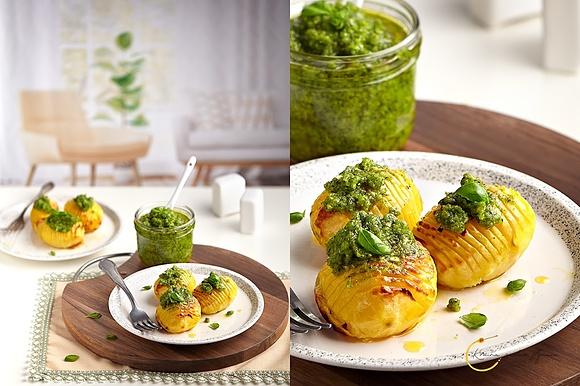 Pieczone ziemniaki Hasselback z pesto bazyliowym