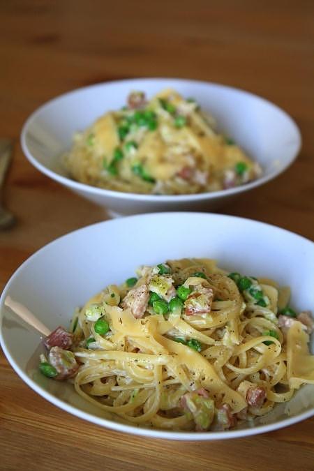Carbonara z groszkiem i porem