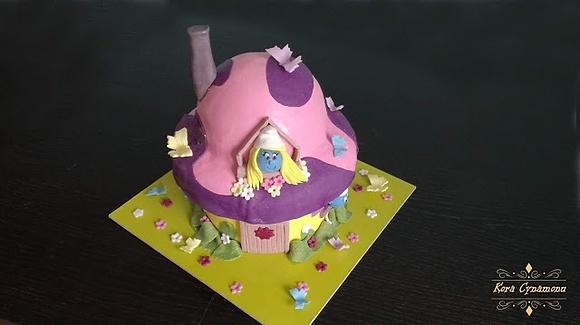 Tort domek smerfów z postaciami bajkowymi