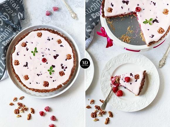 Tarta z malinami na kruchym orzechowym cieście