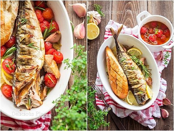 Pieczona makrela z konfitowanymi pomidorkami