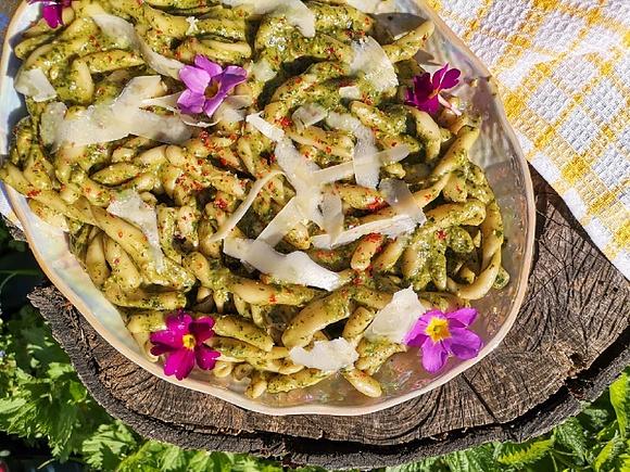 Pesto z liści mniszka lekarskiego i domowy makaron fusilli