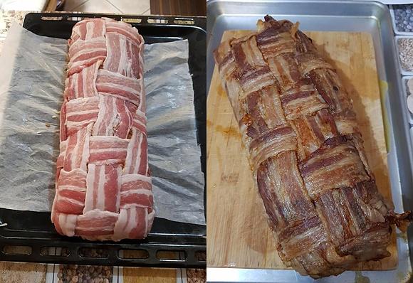 Rolada z mięsa mielonego owinięta boczkiem z serem i pieczarkami