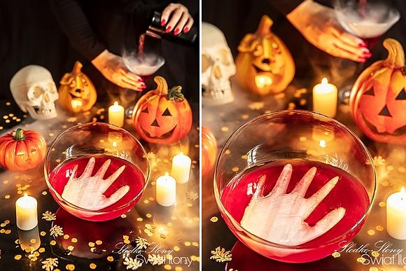 Straszny napój z lodowatą dłonią na Halloween