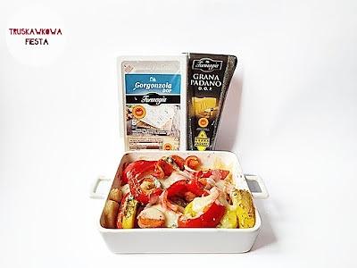 Gorgonzola i Grana Padano z pieczonymi warzywami