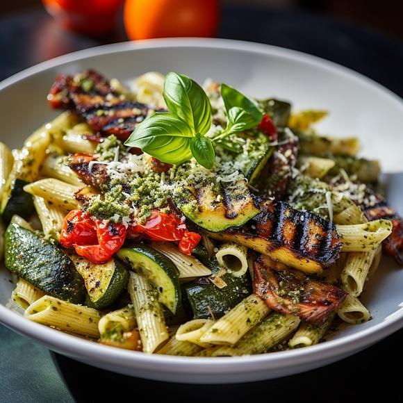 Makaron z sosem pesto i grillowanymi warzywami - szybki obiad