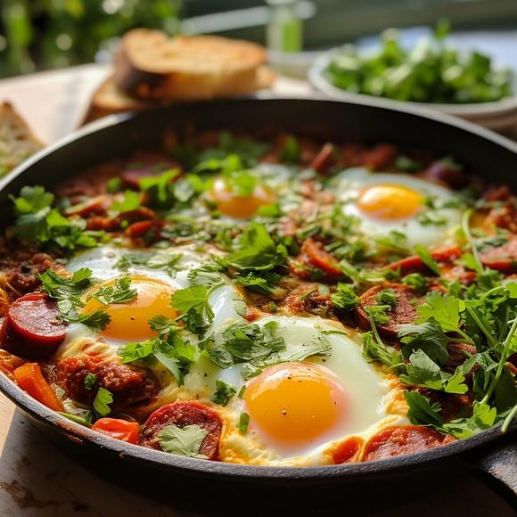 Szakszuka z chorizo - jajka w pikantnym sosie pomidorowym