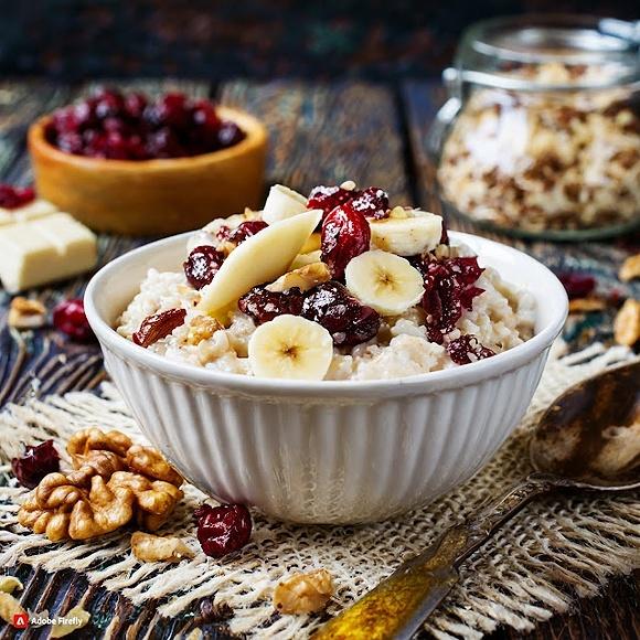 Owsianka z bananem, żurawiną i orzechami włoskimi