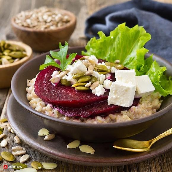 Owsianka z burakiem, serem feta, słonecznikiem i zieleniną