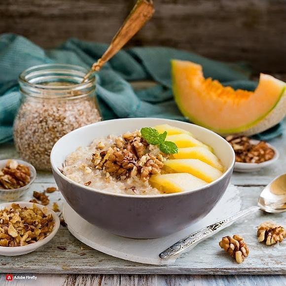 Owsianka z melonem, siemieniem lnianym i orzechami włoskimi