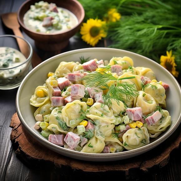 Błyskawiczna sałatka z tortellini, szynką i porem