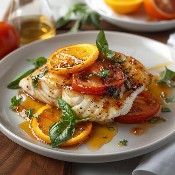 Halibut pieczony w sosie pomarańczowo-miodowym z pomidorami i bazylią