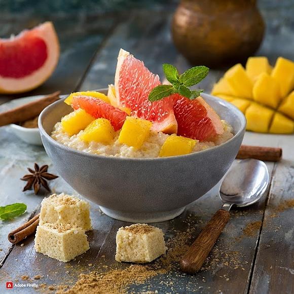 Owsianka z grejpfrutem, mango i chałwą