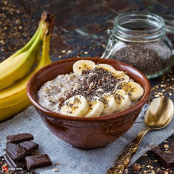Owsianka z bananem masą makową i czekoladą