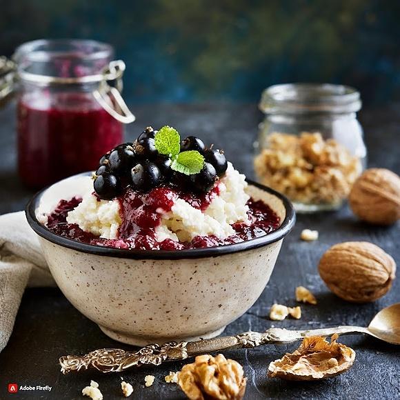 Owsianka z dżemem z porzeczki czarnej ricottą i orzechami włoskimi