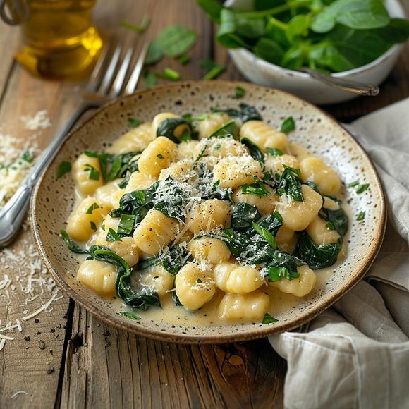 Gnocchi w kremowym sosie śmietanowo-czosnkowym ze szpinakiem