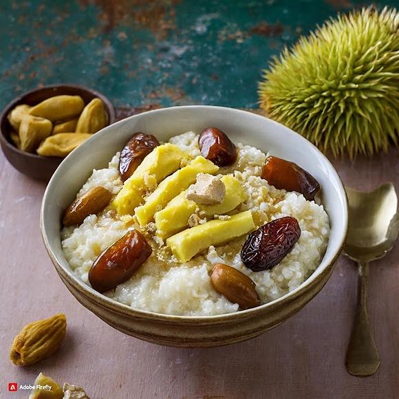 Owsianka z durianem, daktylami i marcepanem