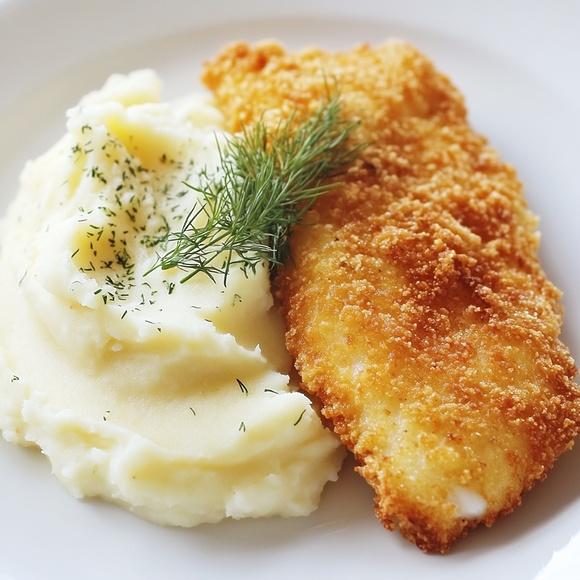 Zupa jarzynowo-koperkowa, ryba smażona z puree ziemniaczanym i surówka z pora i jabłka