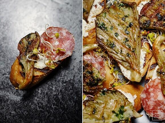 Grillowane boczniaki z grzankami, serkiem i wędliną