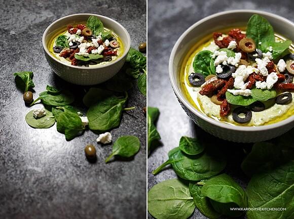 Grecki hummus z fetą oliwkami szpinakiem i suszonymi pomidorami