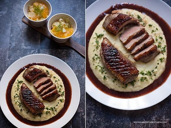 Kaczka pięciu smaków na purée ziemniaczano-selerowym z sosem śliwkowym i surówką z fenkułu