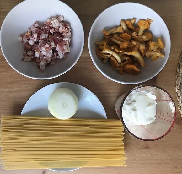 Makaron z kurkami i boczkiem