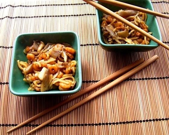 Krewetki teriyaki z grzybami oyster