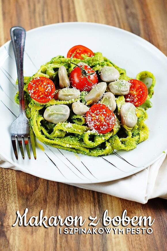 Makaron z bobem i pesto szpinakowym