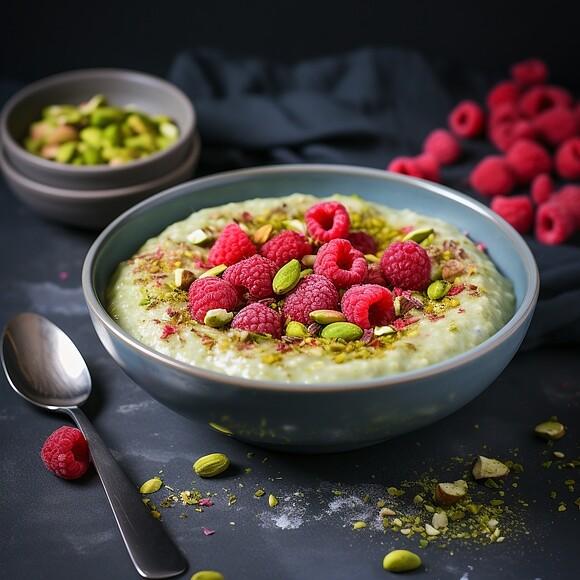 Owsianka pistacjowa z malinami