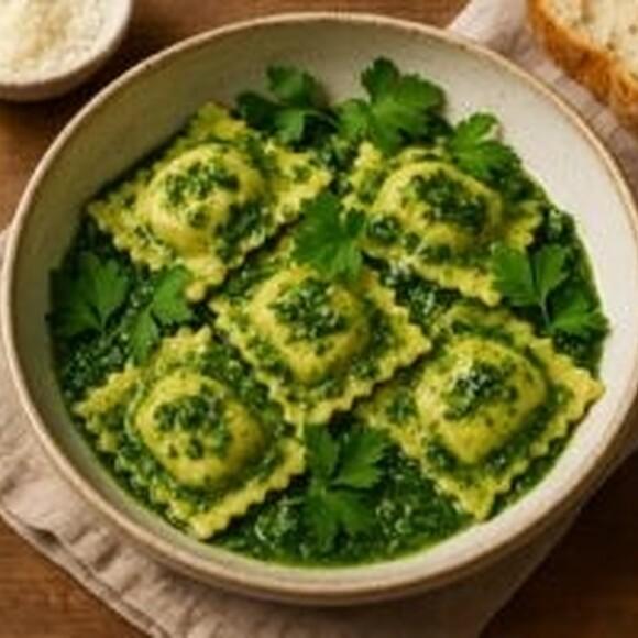 Ravioli z ricottą i szpinakiem w pesto natki pietruszki