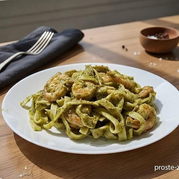 Makaron tagliatelle z krewetkami i pesto w 15 minut