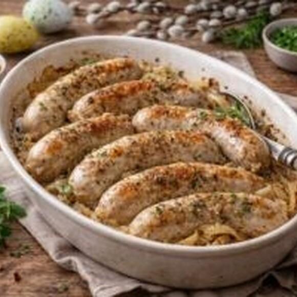 Biała kiełbasa pieczona z cebulą na Wielkanoc