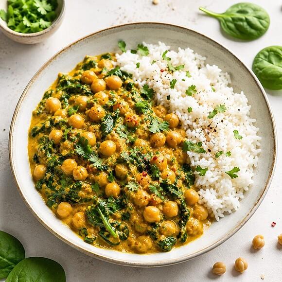 Curry z ciecierzycą, szpinakiem i ryżem