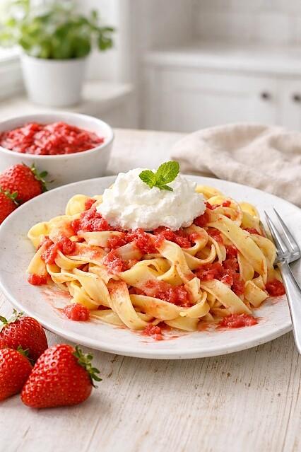 Makaron tagliatelle z truskawkami