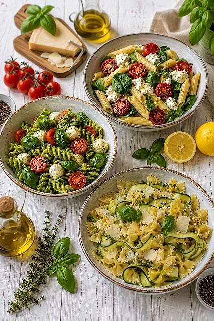 Sałatki makaronowe z pesto genovese, pieczonymi pomidorami i cukinią