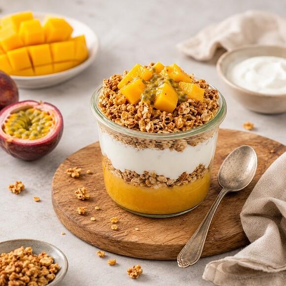 Tropikalne jogurtowe crumble z musem owocowym mango i marakuja