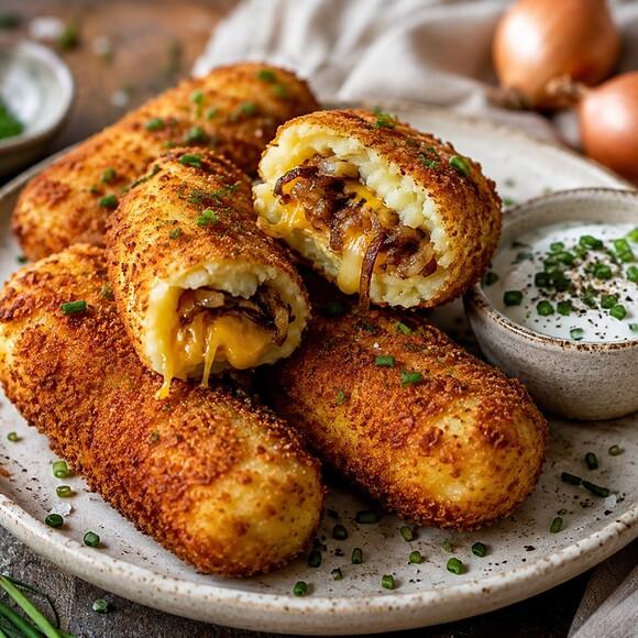 Krokiety ziemniaczane z cheddarem i karmelizowaną cebulą