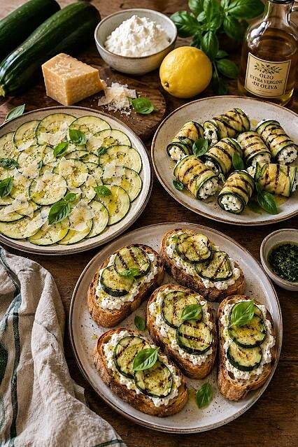 Przystawki z cukinii włoskie: carpaccio, involtini, crostini