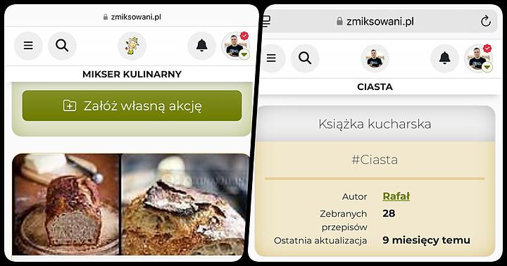 Akcje / Książka kucharska z poziomu profilu użytkownika